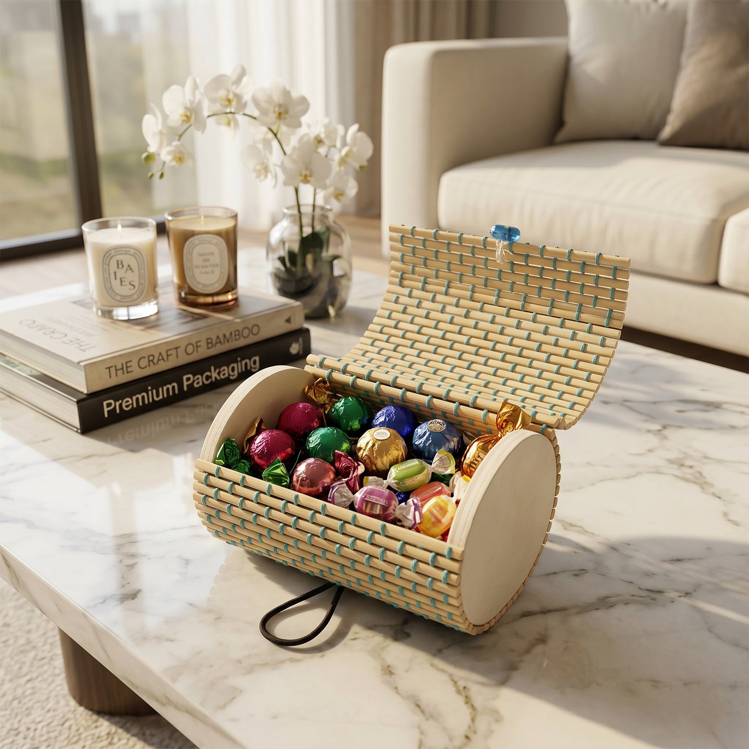 Mini bamboo gift box with decorative design, ideal for storing candies, chocolates, or small gifts, by Wukusy.