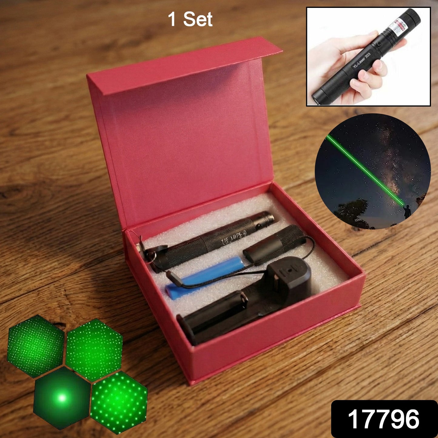 Wukusy high-power green laser pointer set with multiple laser devices for toys and presentations, emitting bright green laser beams.
