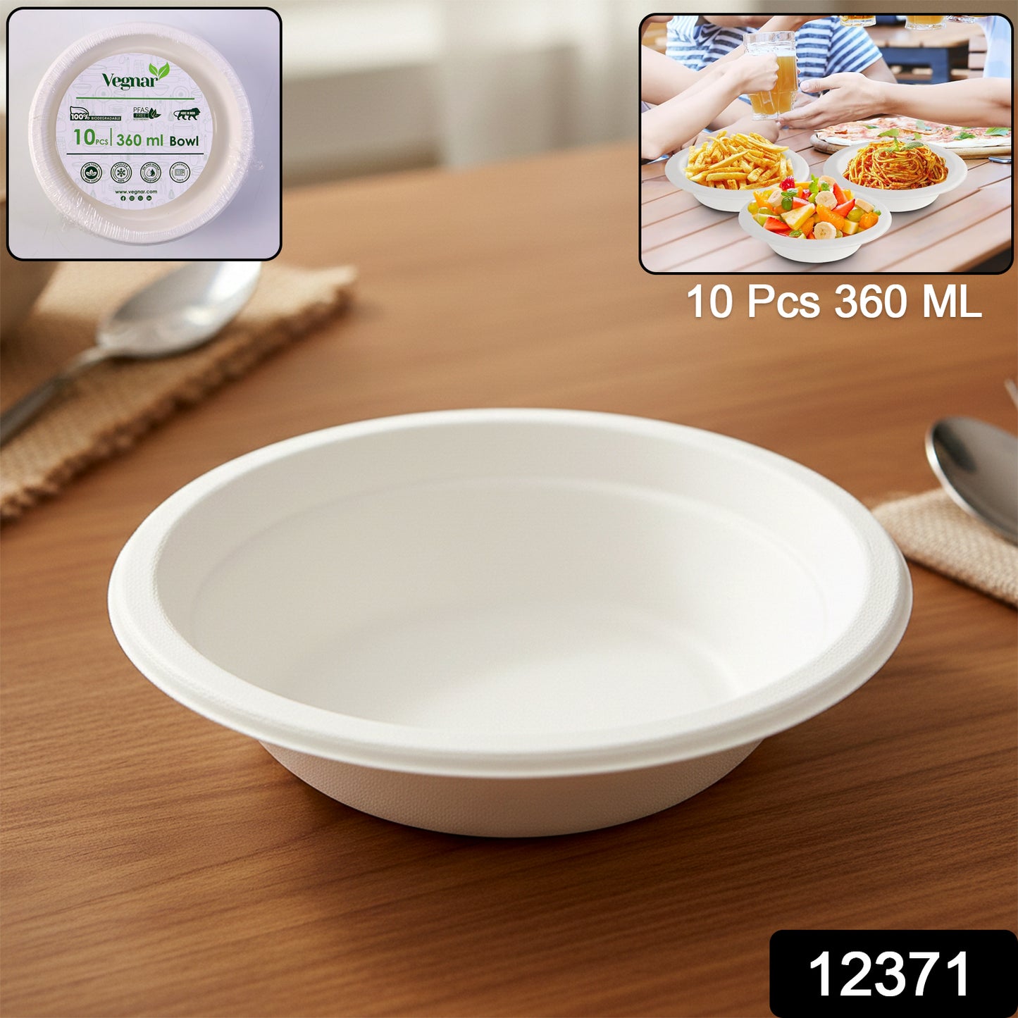 Set of 10 Vegnar disposable food serving bowls by Wukusy, 360 ml capacity, clear plastic bowls for serving and takeaway use.
