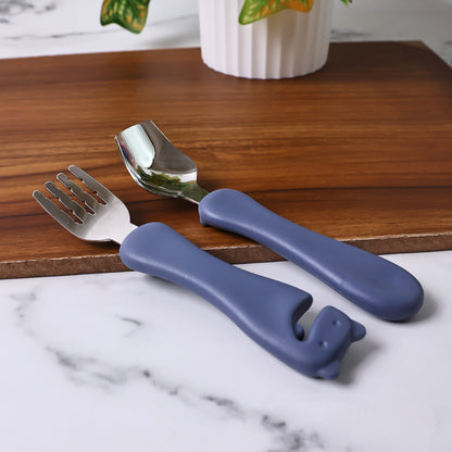 Wukusy Supermom Foodie stainless steel spoon and fork set, sleek and durable for home and kitchen use, shown on a white background.