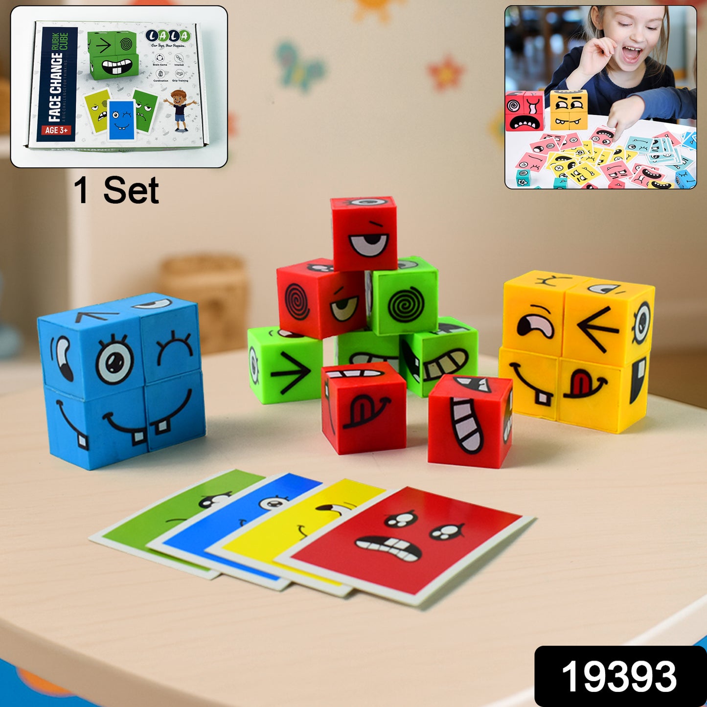 Wukusy educational face expression puzzle cube toy set with colorful cubes displaying various facial emotions and expressions.