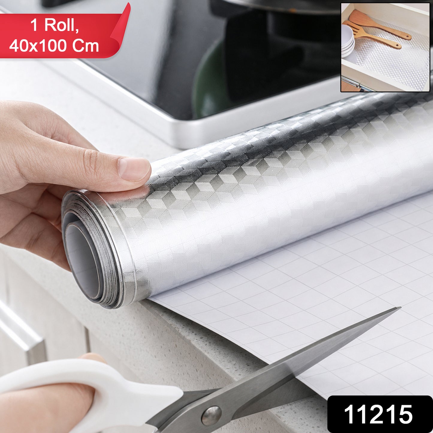 Wukusy aluminium foil paper roll for kitchen wrapping, food storage, cooking, and baking, shown unrolled on a kitchen surface.