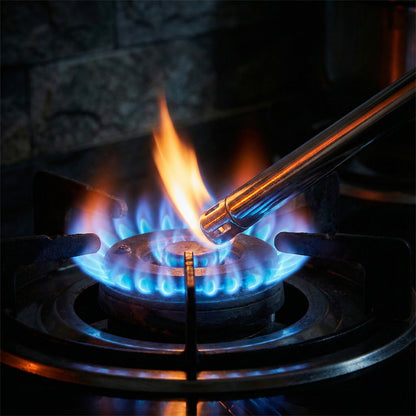 Wukusy long stainless-steel gas stove lighter, 1-foot length, with a sleek metallic handle and ignition tip for safe lighting.