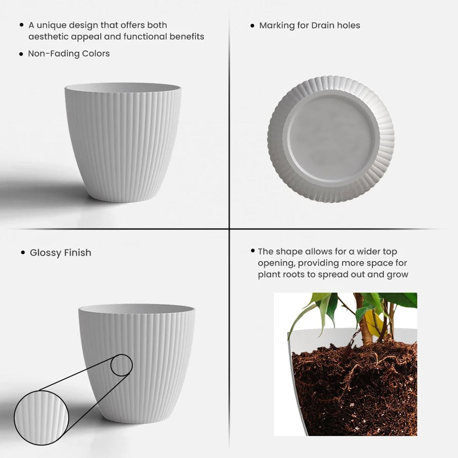 White ribbed decorative flower pot by Wukusy, showcasing a sleek, textured ceramic design suitable for indoor or outdoor plants.