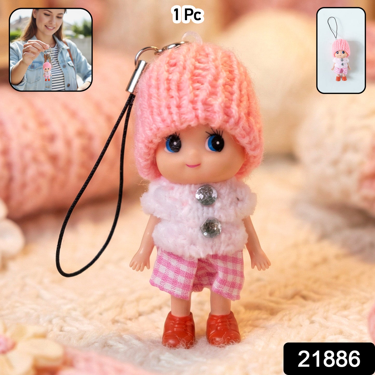 Wukusy cute mini doll keychain with soft knitted cap, girl charm, in mixed colors, attached to a keyring for decorative use