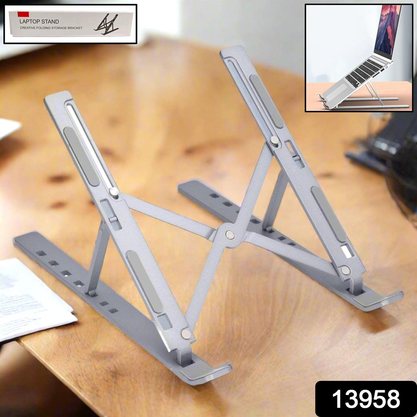 Wukusy metal portable laptop stand with 7 adjustable angles, compact and lightweight for ergonomic laptop positioning.