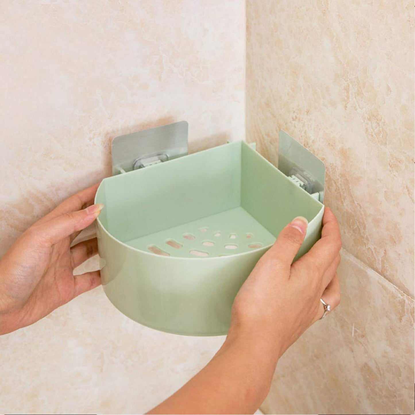 Wukusy 4033 corner shelf bathroom kitchen rack, plastic triangle wall mount shower caddy with self-adhesive design for storage.