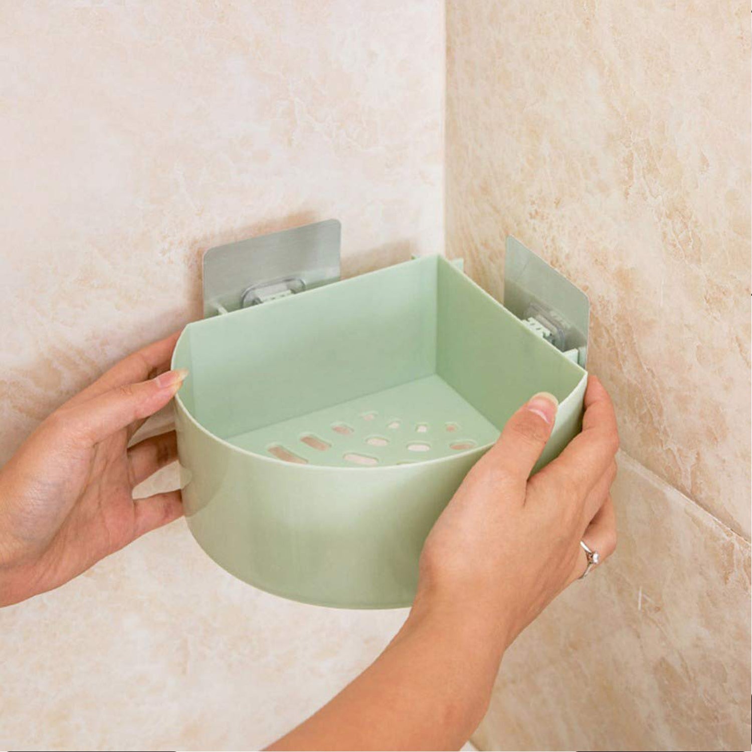 Wukusy 4033 corner shelf bathroom kitchen rack, plastic triangle wall mount shower caddy with self-adhesive design for storage.