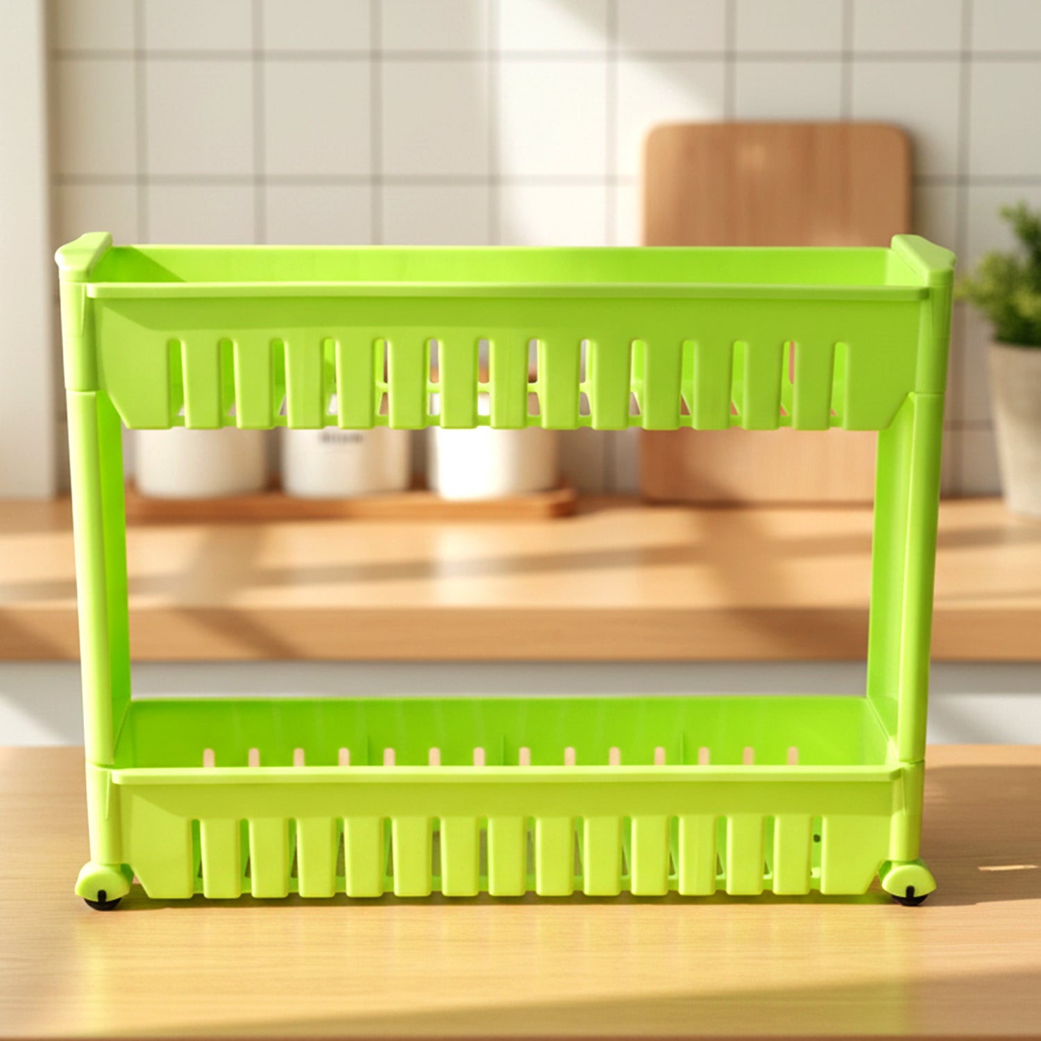 Wukusy Prexo plastic 2-layer slim storage rack with wheels, black and white, compact and portable for organizing small spaces.