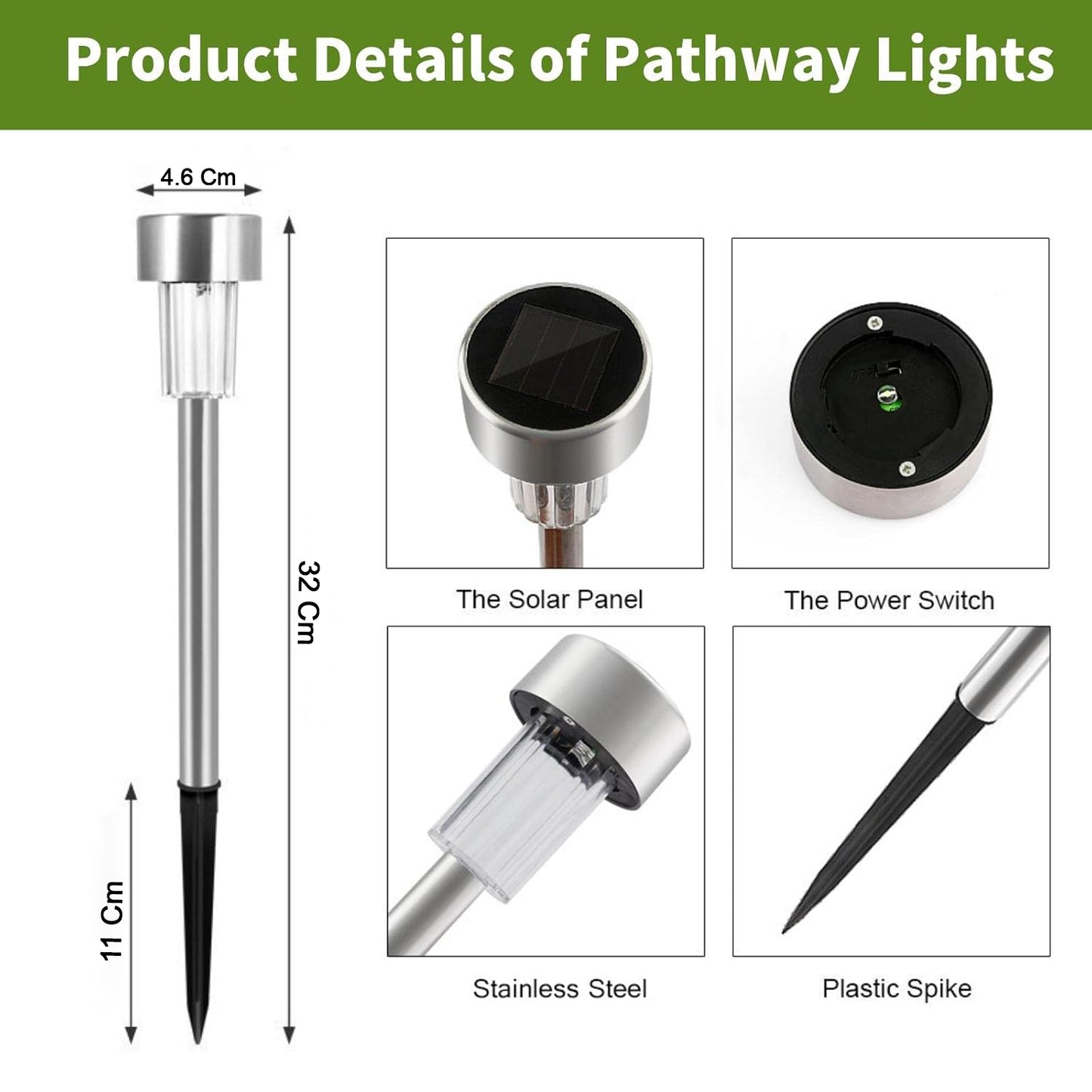 Set of 12 Wukusy solar garden lawn lamps with black stakes and white LED lights for outdoor lighting.