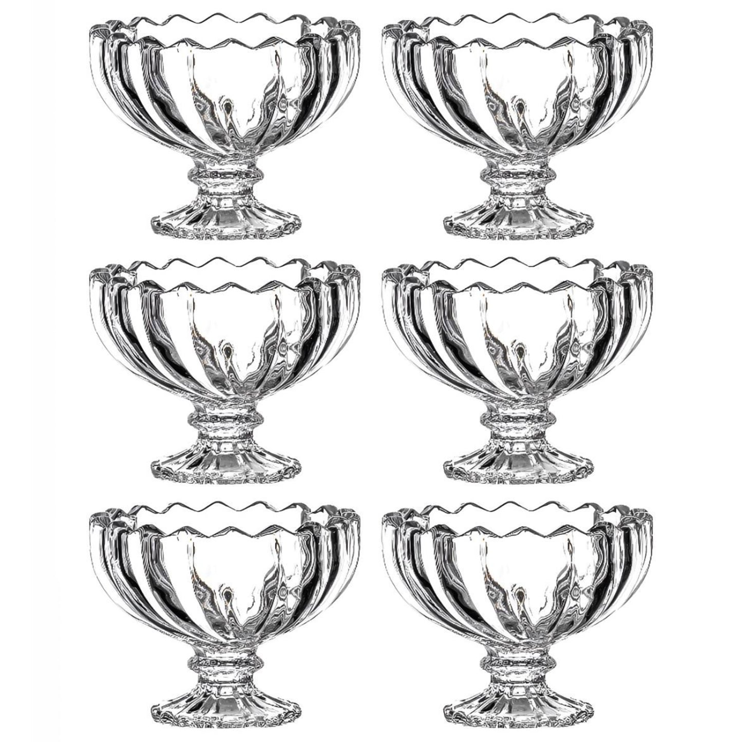 Set of six clear glass ice cream bowls by Wukusy, perfect for serving sundaes and desserts in elegant glass dessert cups.