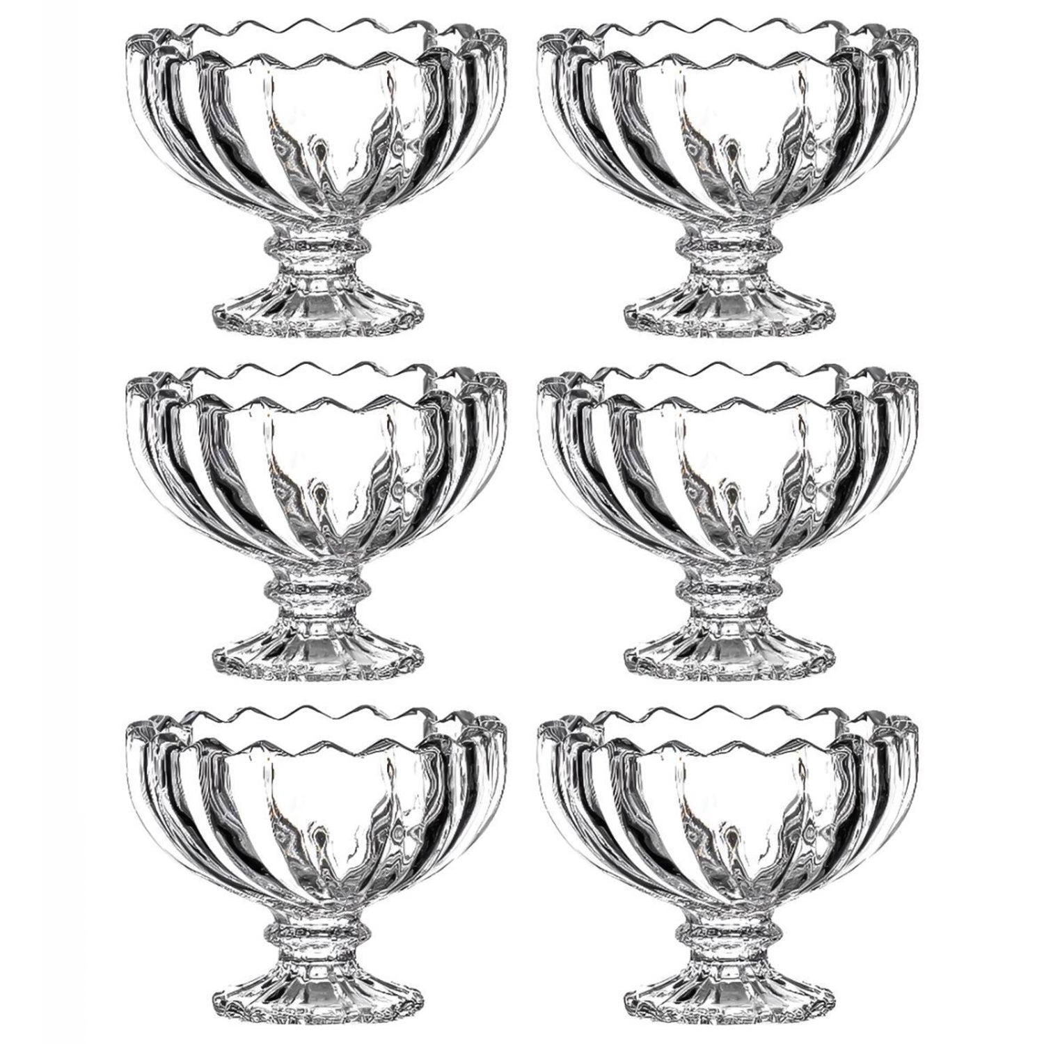 Set of six clear glass ice cream bowls by Wukusy, perfect for serving sundaes and desserts in elegant glass dessert cups.