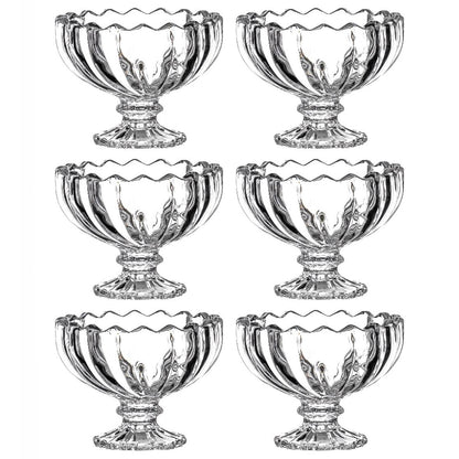 Set of six clear glass ice cream bowls by Wukusy, perfect for serving sundaes and desserts in elegant glass dessert cups.