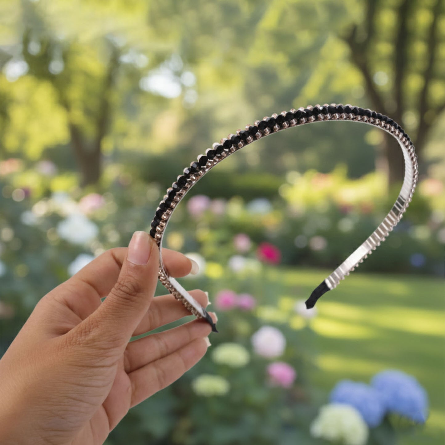 Elegant black metal hair band with crystal studded design by Wukusy, perfect for stylish hair accessories.