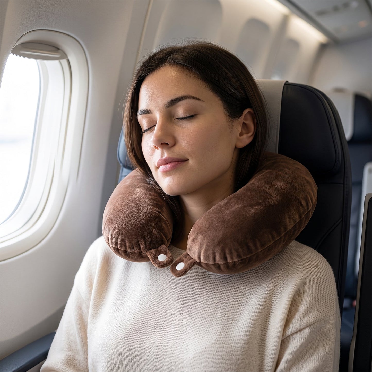 Brown plush U-shaped travel neck pillow by Wukusy with soft head and neck support for comfortable travel use.