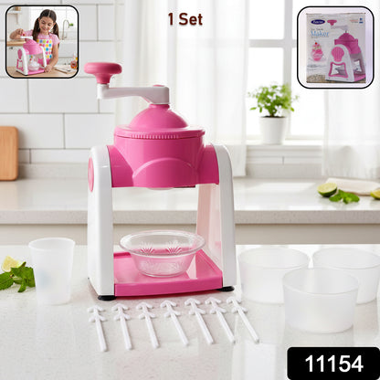Pink Wukusy manual ice crusher machine set with durable handle for crushing ice efficiently.