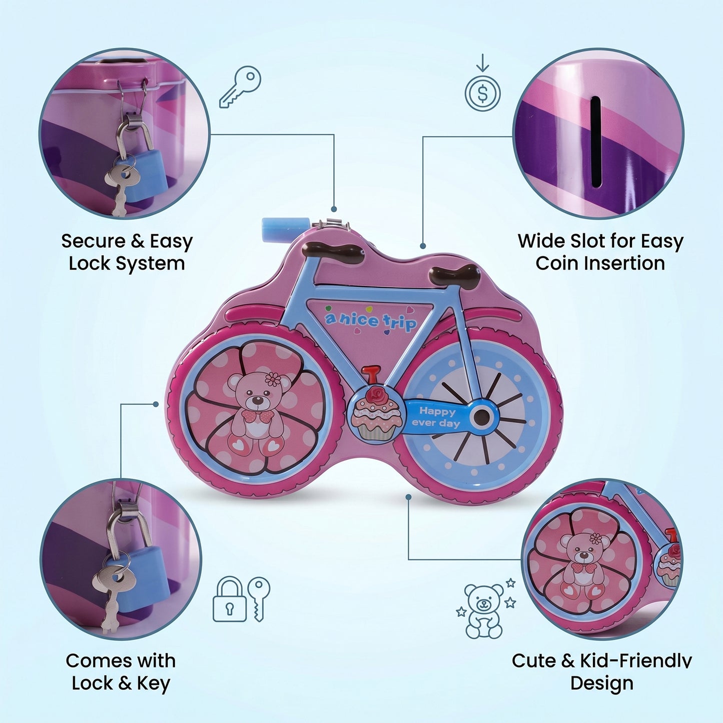 Wukusy bicycle-shaped piggy bank with lock and key, made of ceramic, featuring a detailed bike design and secure coin compartment.