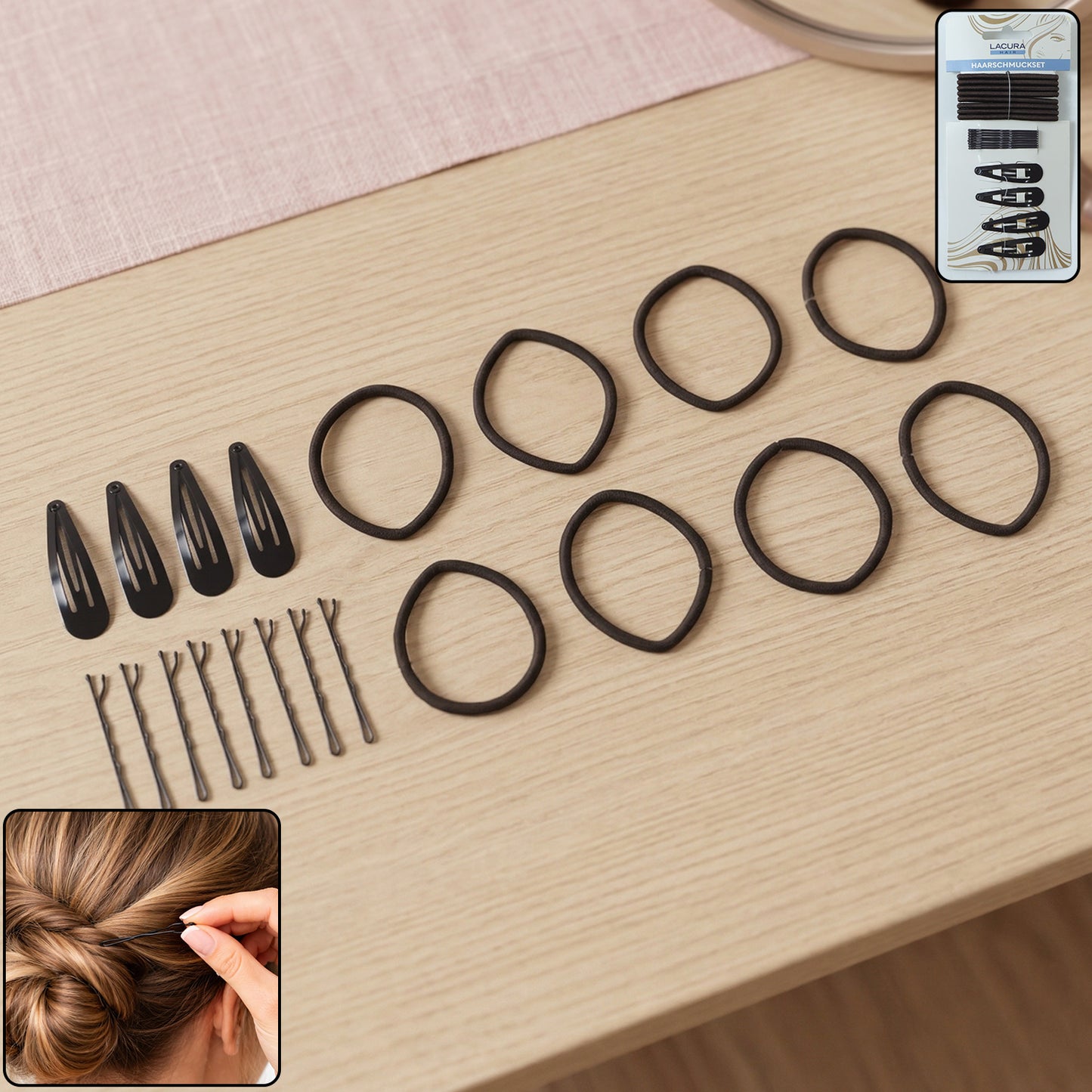 Wukusy complete hair styling accessories combo set with hair clips, brushes, and elastics arranged on a white background.