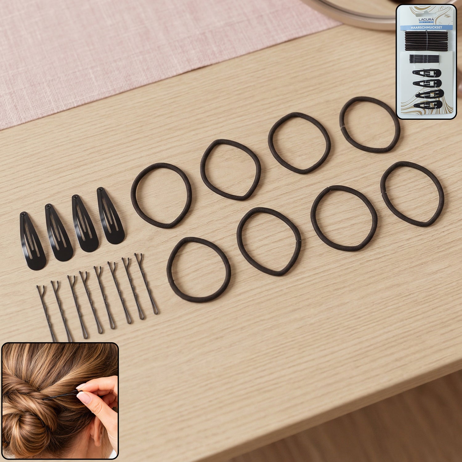 Wukusy complete hair styling accessories combo set with hair clips, brushes, and elastics arranged on a white background.