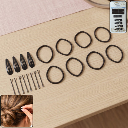 Wukusy complete hair styling accessories combo set with hair clips, brushes, and elastics arranged on a white background.