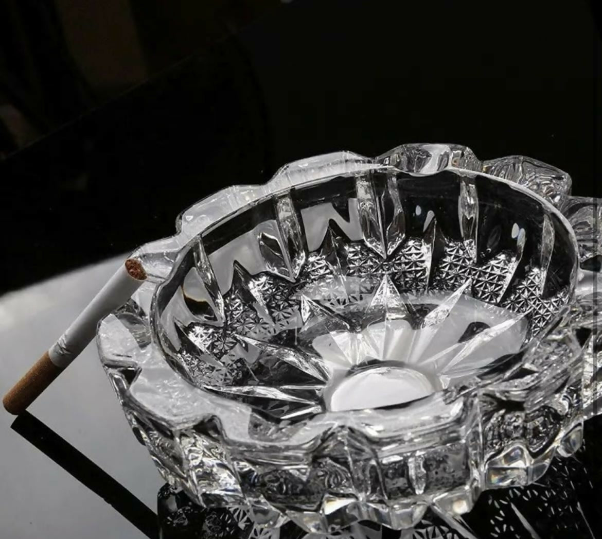 Wukusy crystal glass round ashtray with heavy-duty design and cigarette holder, clear and stylish for smoking accessories.