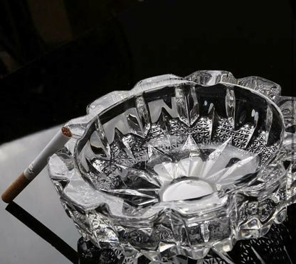 Wukusy crystal glass round ashtray with heavy-duty design and cigarette holder, clear and stylish for smoking accessories.