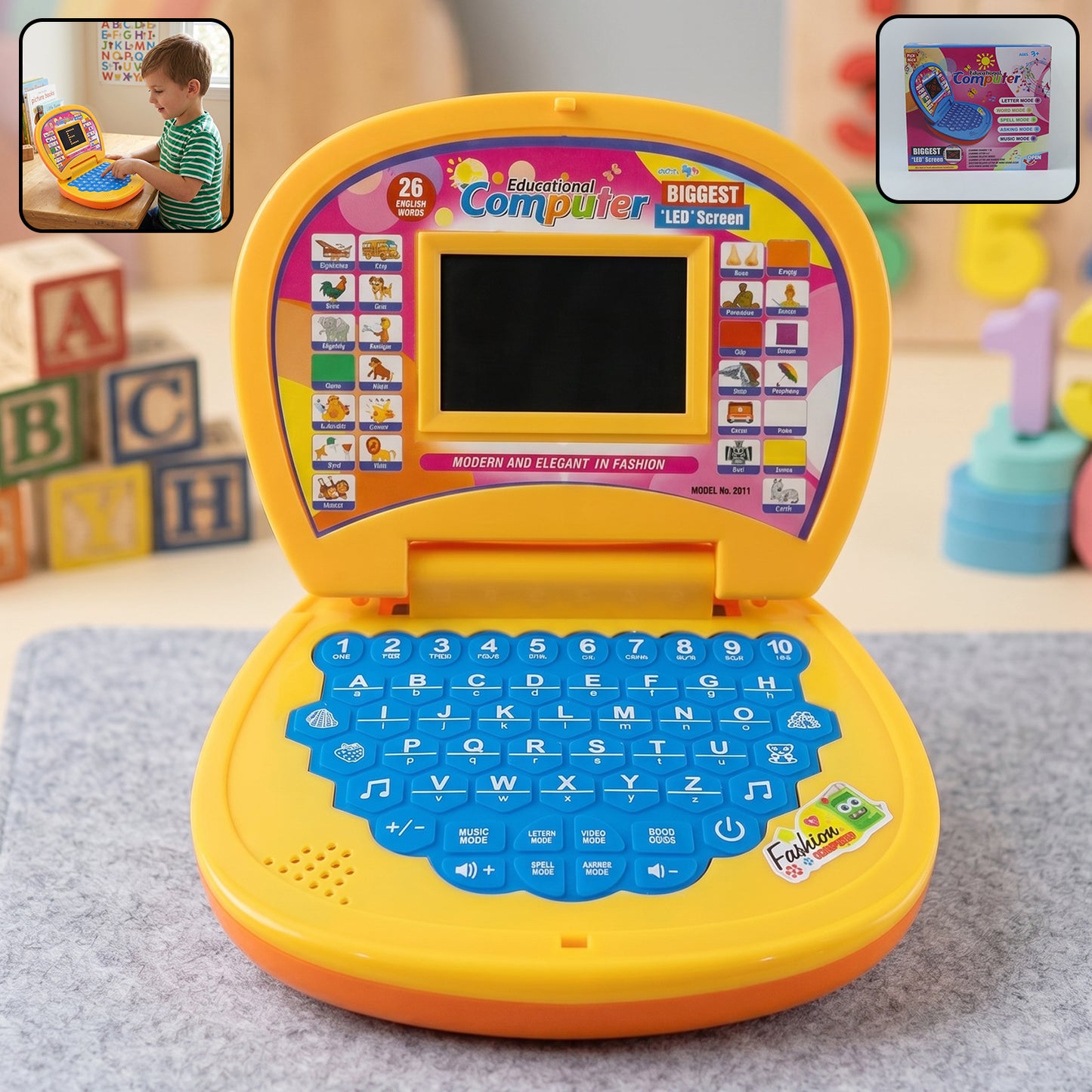 Wukusy kids educational laptop toy with colorful buttons, numbers, alphabets, and music features for early learning and fun.