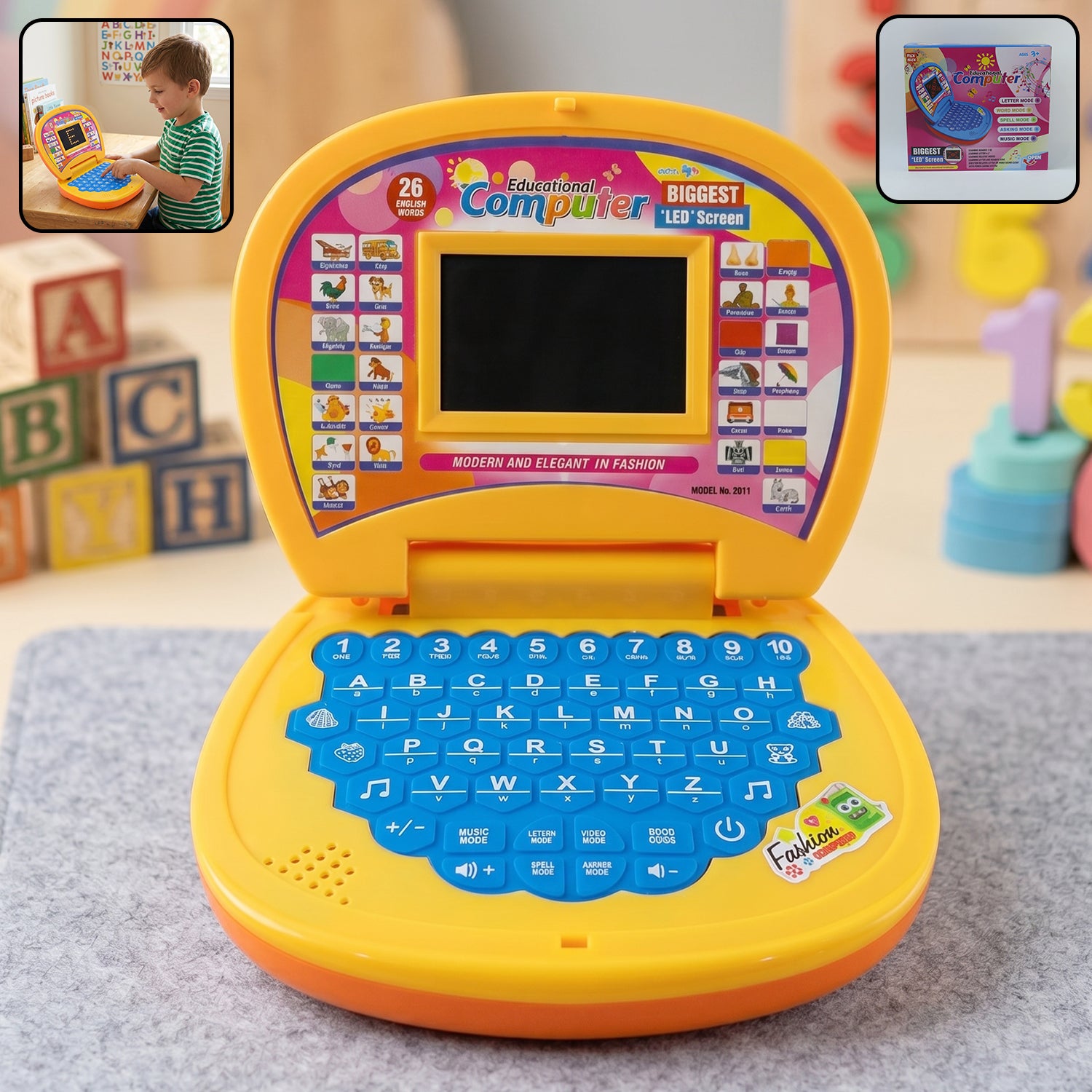 Wukusy kids educational laptop toy with colorful buttons, numbers, alphabets, and music features for early learning and fun.