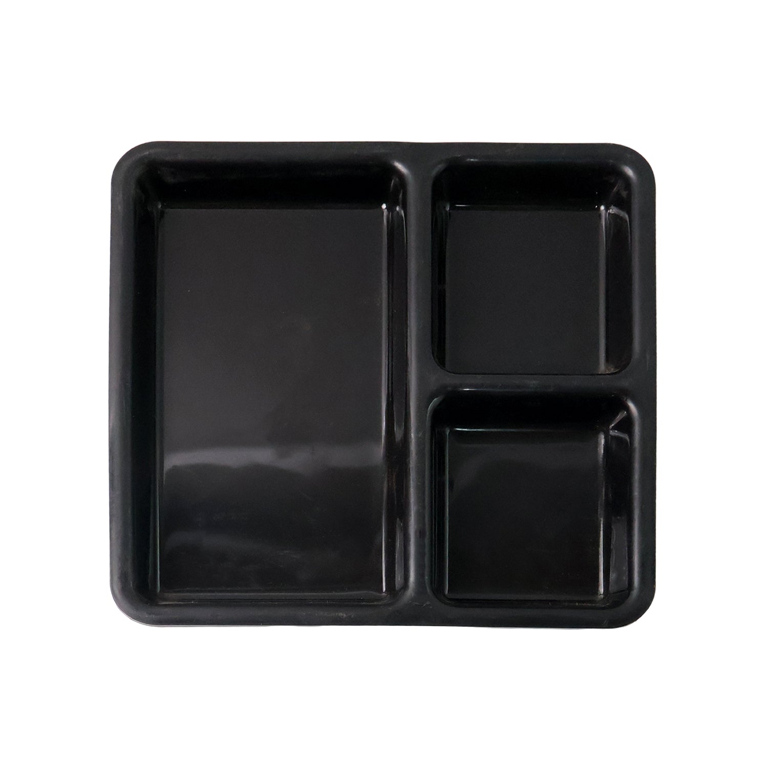 Black plastic multi-compartment meal serving tray with three sections, ideal for dining and meal presentation.
