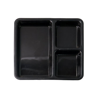 Black plastic multi-compartment meal serving tray with three sections, ideal for dining and meal presentation.