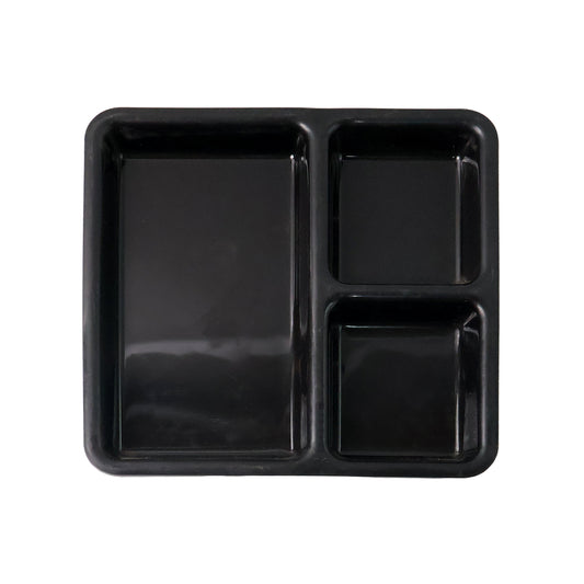 Black plastic multi-compartment meal serving tray with three sections, ideal for dining and meal presentation.