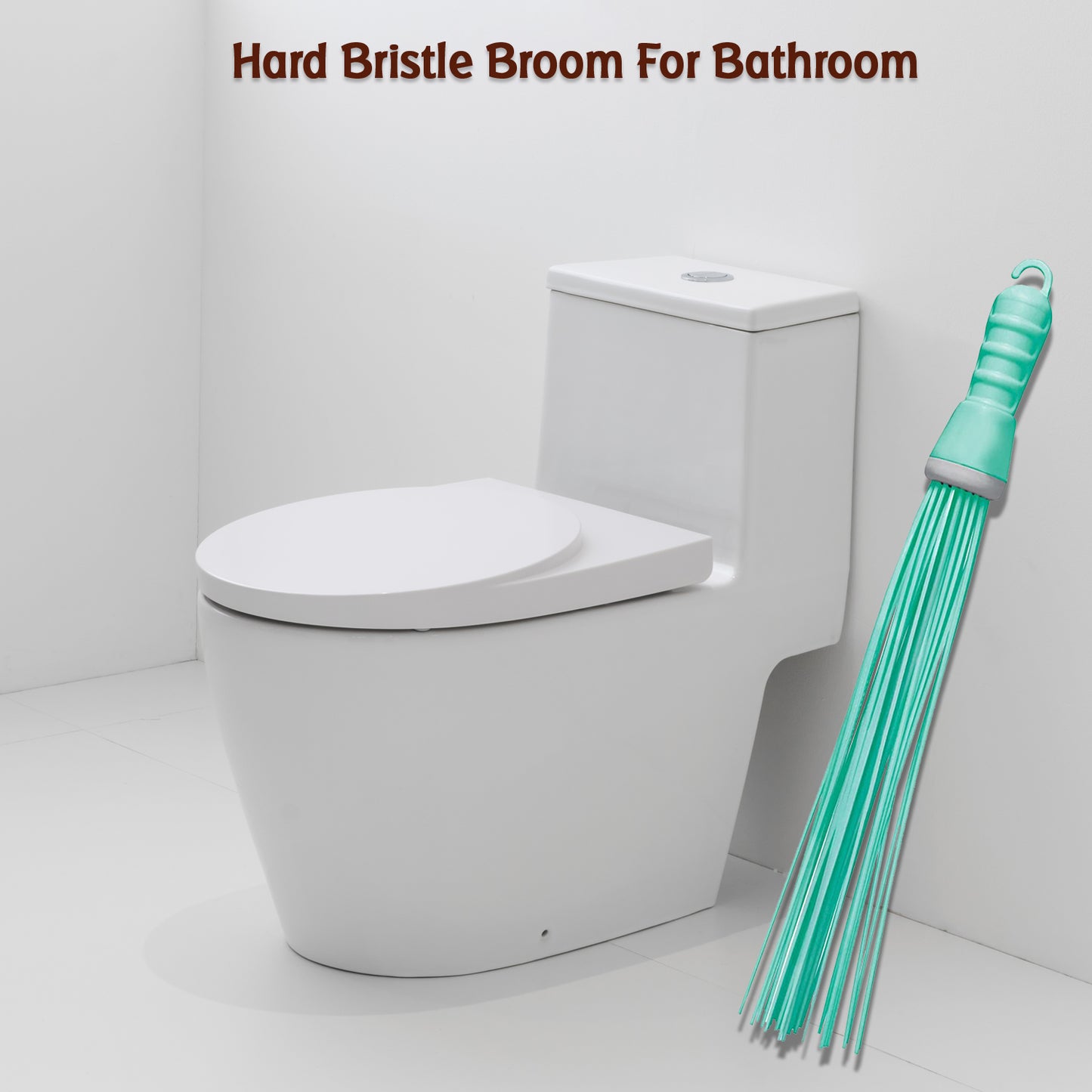 Wukusy plastic hard bristle bathroom broom for wet and dry floor cleaning and scrubbing, ideal for bathroom and hard surfaces.