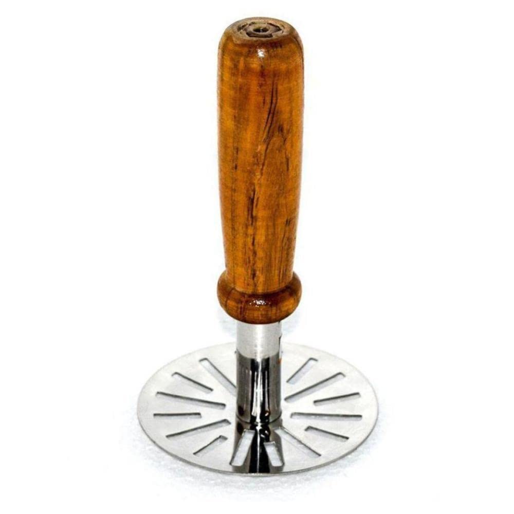 Wukusy kitchen tools set including steel potato masher, manual whisk, spatula, pastry brush, and hand-powered blender on a countertop.