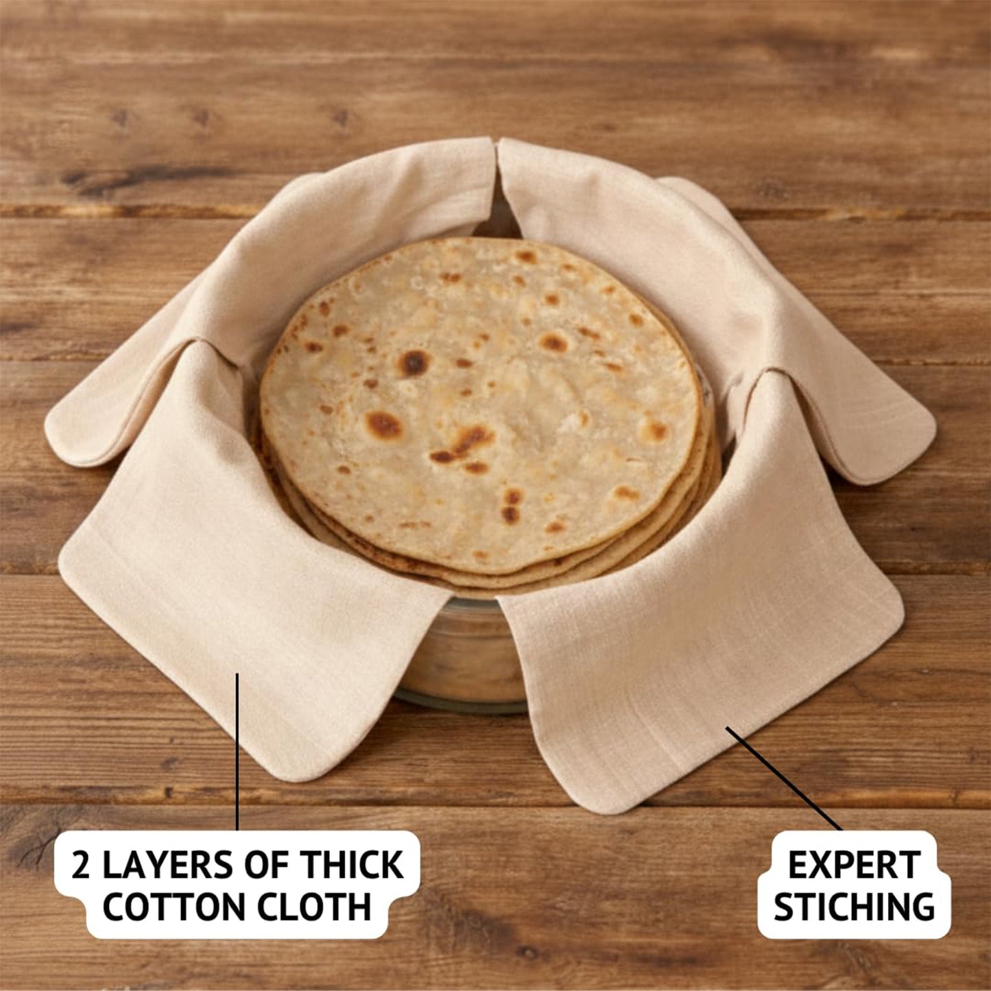 Wukusy pure cotton round roti cover cloth, 51x51 cm, used for keeping rotis fresh and protected in the kitchen.