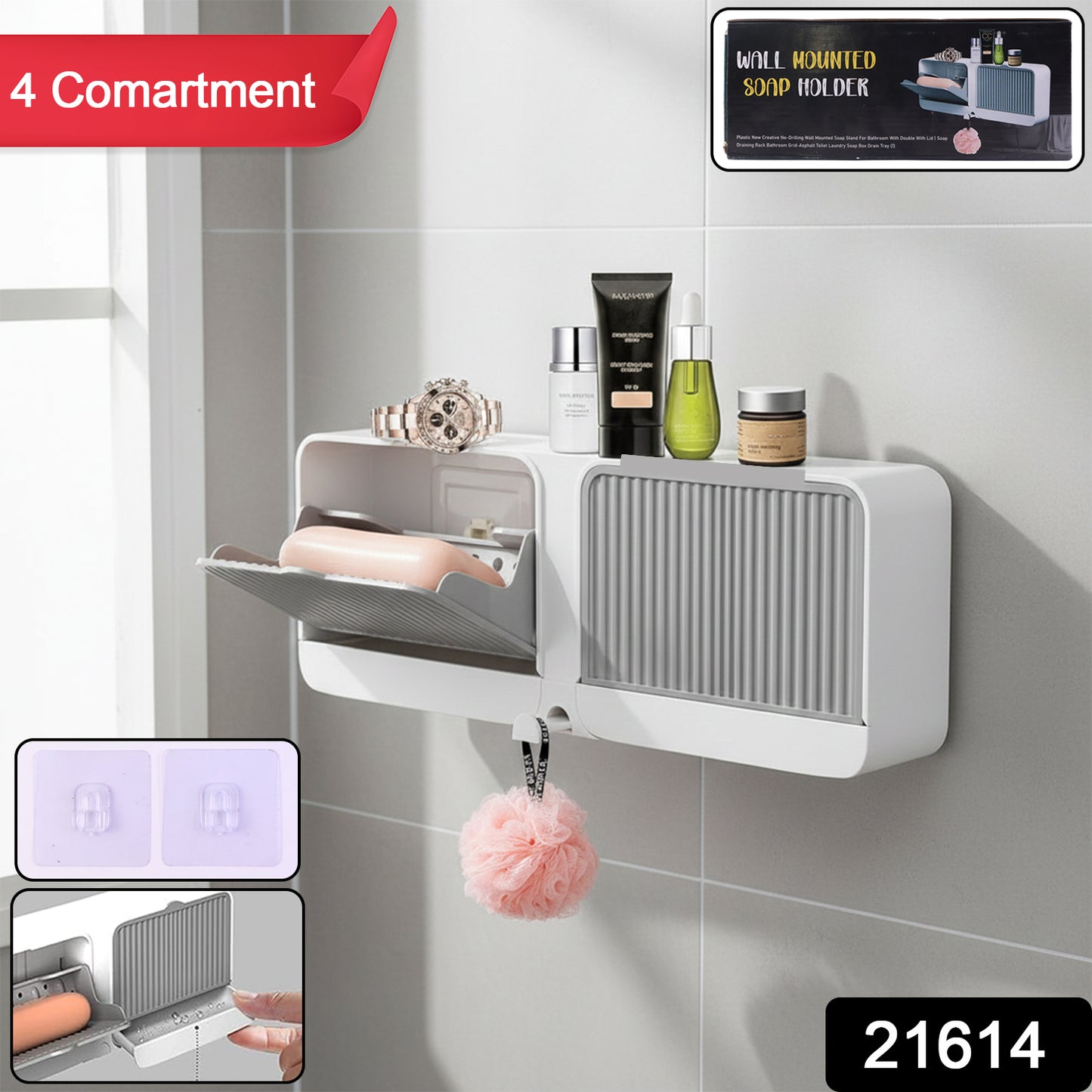 Wall mounted Wukusy bathroom storage with four compartments for soap, essentials, and toiletries, in a sleek, modern design.
