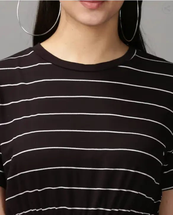 Black sleeveless crop top with white stripes, women's lycra top and tunic from ecomn featuring a stylish, fitted design