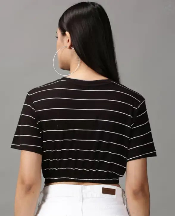 Black striped sleeveless crop top for women by ecomn, featuring a stylish, fitted design with Lycra fabric.