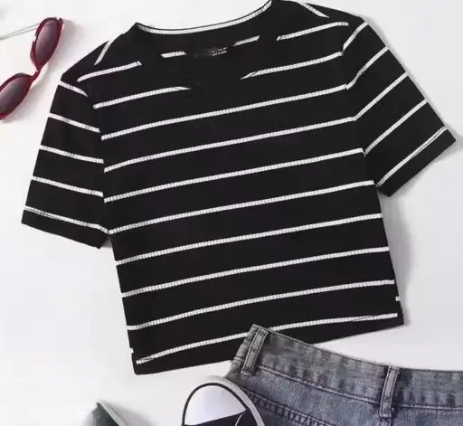 Black sleeveless crop top for women with graceful striped design by ecomn, made from stretchy lycra fabric.