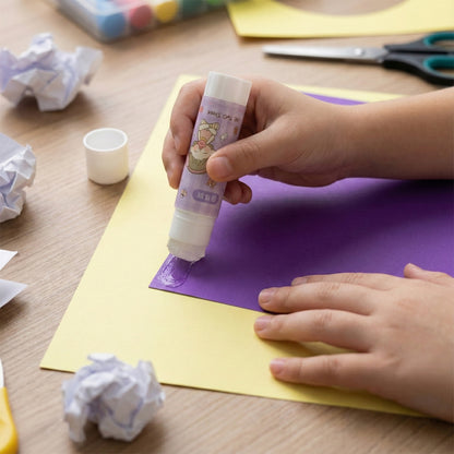 Pack of 5 Wukusy cartoon-themed solid glue sticks for arts and crafts, featuring colorful, playful packaging and cartoon designs.