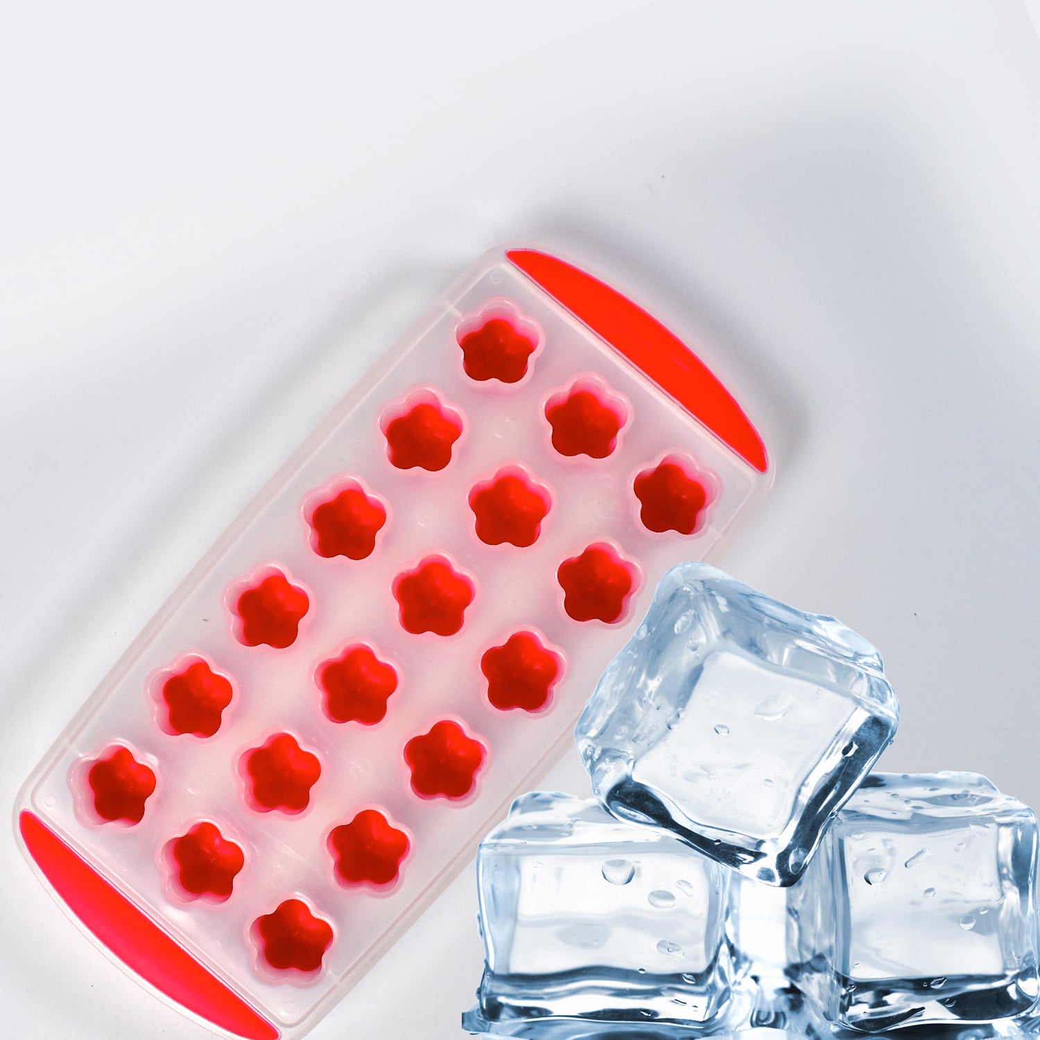 Wukusy 7165 flower-shaped ice mold tray with 18 cavities for making small flower and sphere ice cubes.