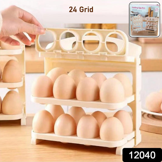 Plastic foldable egg tray with 24-grid storage box by Wukusy, showing the compact, foldable design for kitchen egg organization.