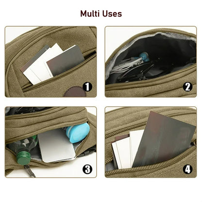 Canvas waist bag for men and women by Wukusy, showing a stylish, versatile accessory with adjustable strap and multiple compartments.