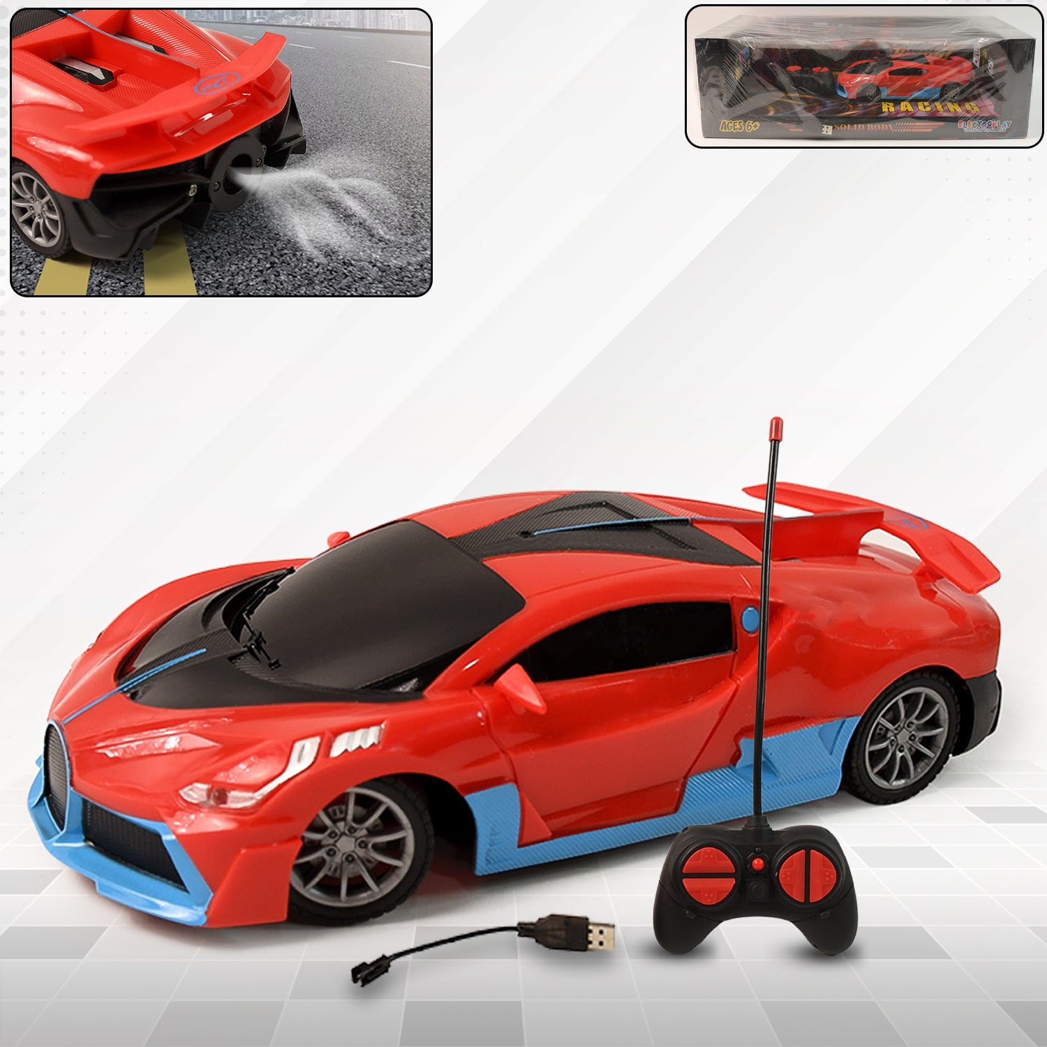 Wukusy high-speed RC sports car with spray exhaust effect, sleek design, and detailed body, ready for racing action.