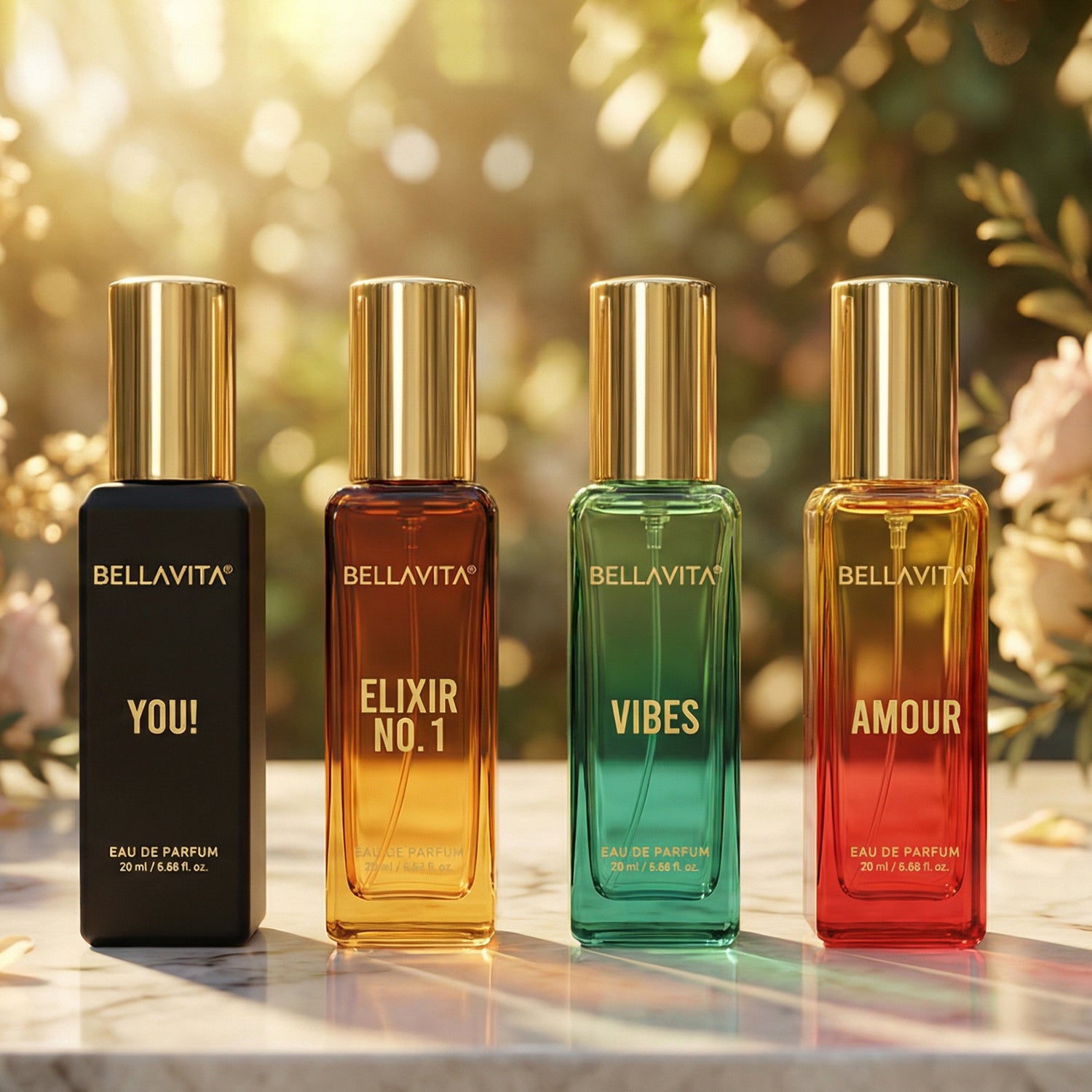 Wukusy Bellavita Premium All Star Perfume Gift Set with four 20ml bottles, featuring elegant packaging and diverse fragrance options.
