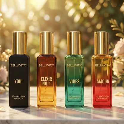 Wukusy Bellavita Premium All Star Perfume Gift Set with four 20ml bottles, featuring elegant packaging and diverse fragrance options.