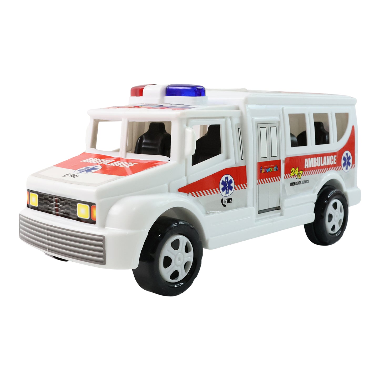 Wukusy Funwoods friction-powered ambulance toy for kids, featuring bright colors and detailed emergency vehicle design.