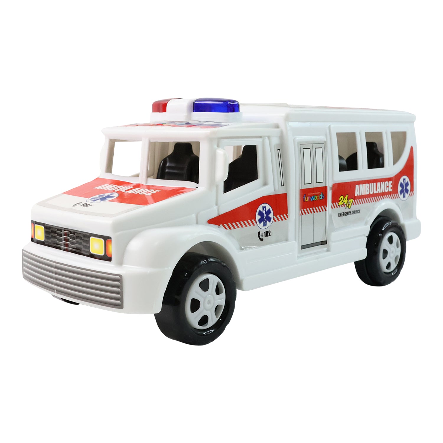 Wukusy Funwoods friction-powered ambulance toy for kids, featuring bright colors and detailed emergency vehicle design.