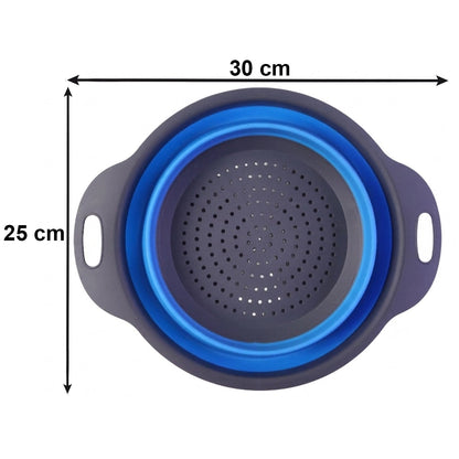 Wukusy foldable silicone kitchen strainer with handles, space-saving drainer, flexible and lightweight for easy rinsing and draining.