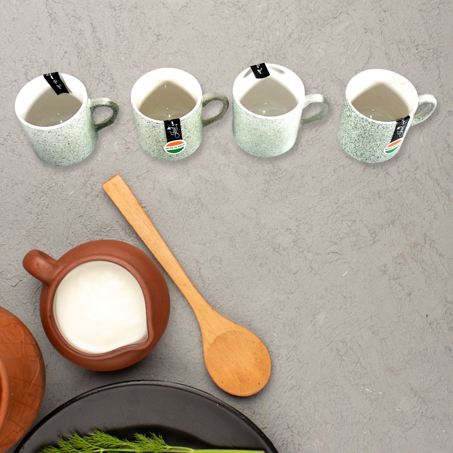 Wukusy Sunday Funday ceramic tea cups set with plastic snack platter, 2-compartment chutney bowl, and milk coffee mugs for home use.