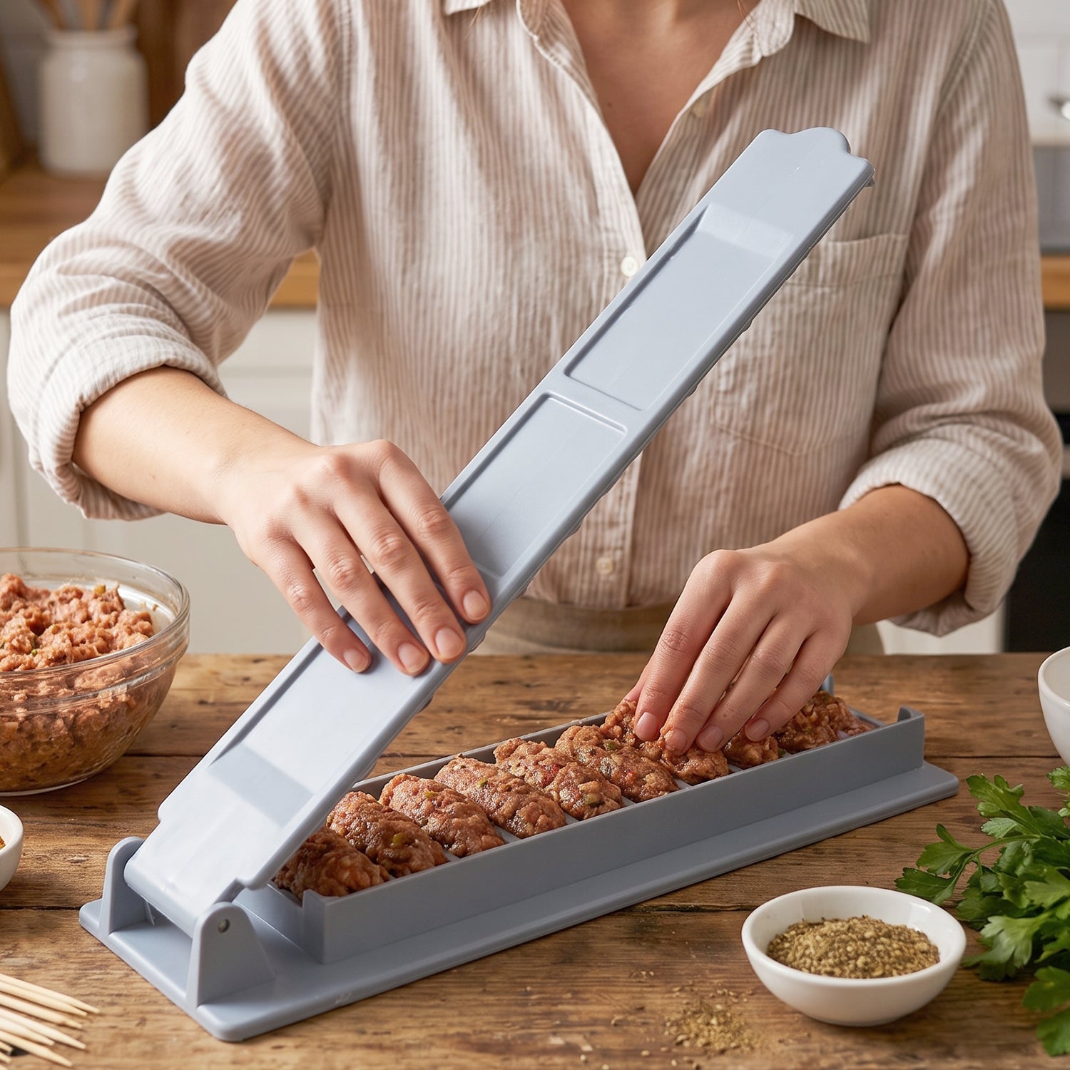 Wukusy plastic meat skewer and kebab maker mold for BBQ kebabs, showcasing the tool's design and structure for easy kebab making.